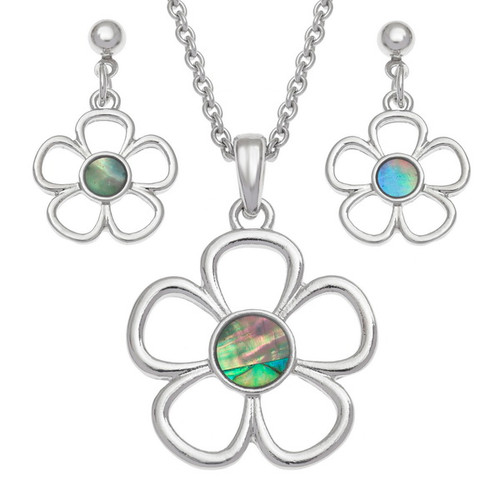 Tide Jewellery inlaid blue Paua shell Simple flower design pendant and earring set