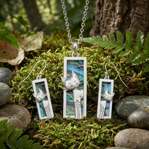 Tide Jewellery inlaid blue Paua shell cute doorways cat pendant and earring set