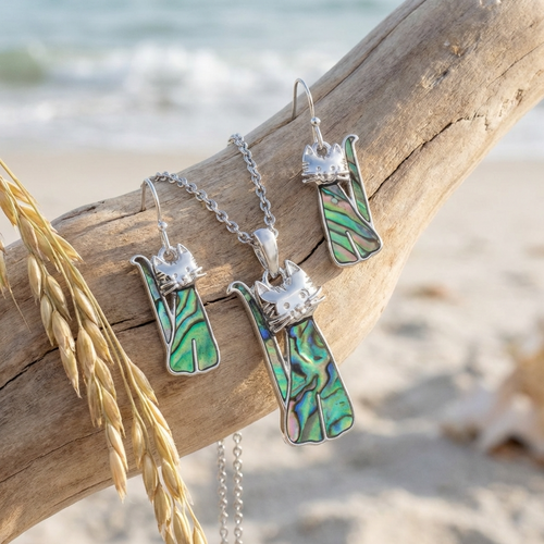Tide Jewellery inlaid blue Paua shell cute sitting cats pendant and earring set