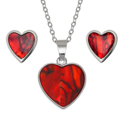 Tide Jewellery inlaid Paua shell Red heart pendant and earring set