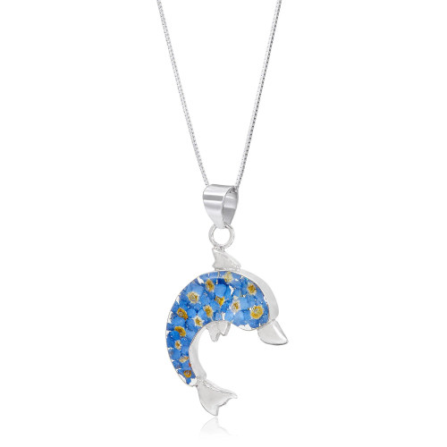 925 Silver Pendant - Real Flower - Dolphin necklace