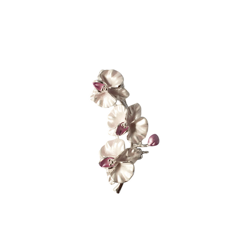 Silver Finish Orchid Spray Flower Brooch