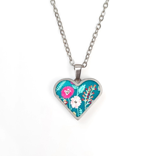 Heart Shape Pendant On A Chain - Flowers on Turqoise