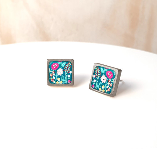 Stainless Steel Framed Square Ceramic Stud Earrings - Flowers on Turqoise Stainless Steel Framed Square Ceramic Stud Earrings - Flowers on Turqoise