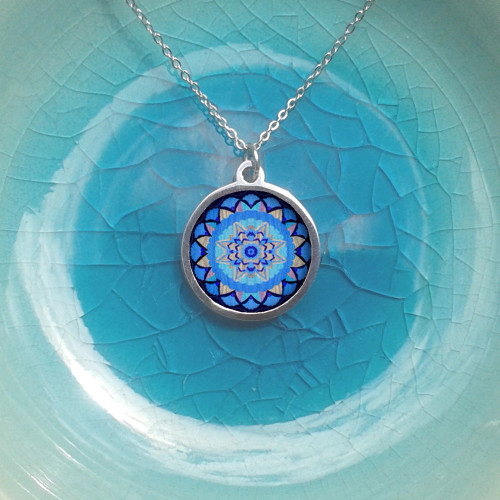 Stainless Steel & Walnut, Small Round Necklace -  Blue Suzani