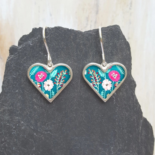 Stainless Steel Framed Heart Shaped Ceramic Earrings - Flowers on Turqoise Stainless Steel Framed Heart Shaped Ceramic Earrings - Flowers on Turqoise