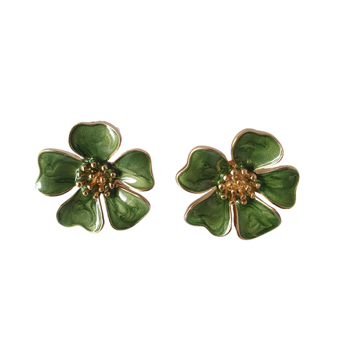 Green floral enamel stud earrings