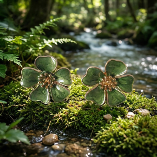 Green floral enamel stud earrings