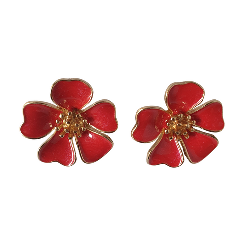 Red floral enamel stud earrings