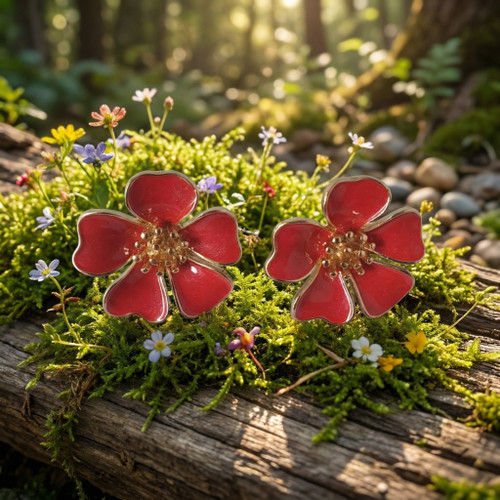 Red floral enamel stud earrings