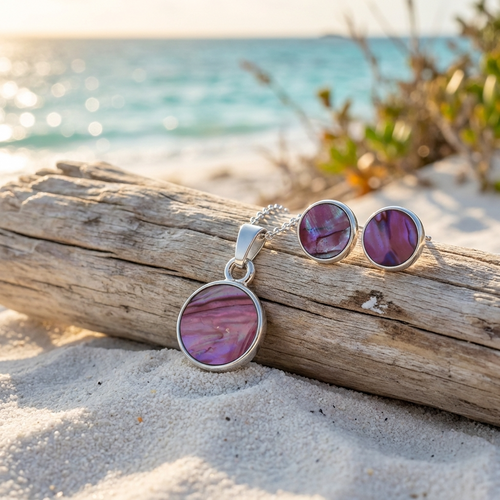 Paua Shell Pink round earring and necklace set