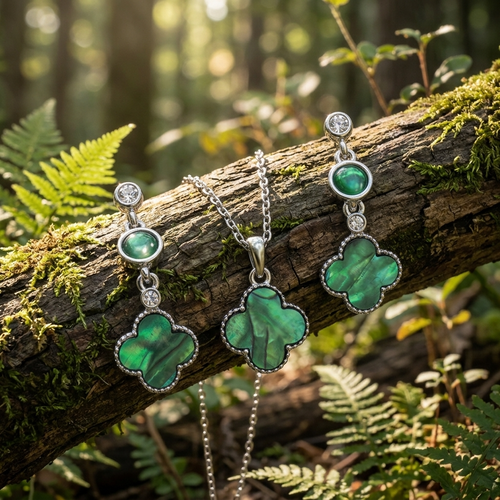 Green mother of pearl shell quatrefoil earring and necklace set