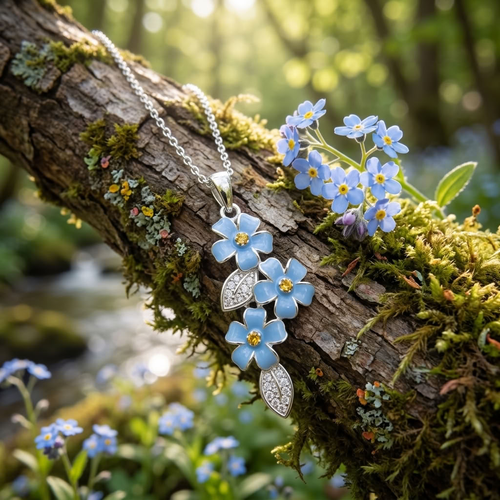 Silver Plated Forget Me Not Cascade Flower Pendant Necklace
