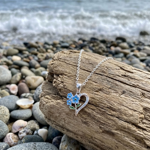 Silver Plated Forget Me Not Dainty Heart Flower Pendant Necklace