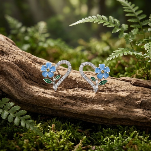 Silver Plated Forget Me Not Dainty Heart Flower Stud Earrings