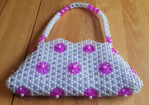 Hand Crafted White & Pink Flowers Small Hand Bag