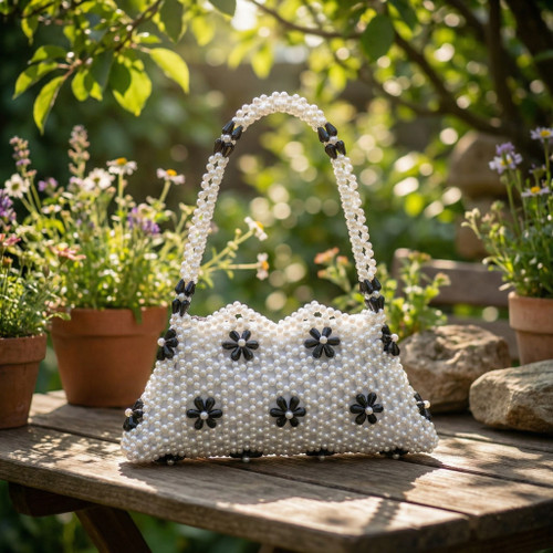 Hand Crafted White & Black Flowers Small Hand Bag