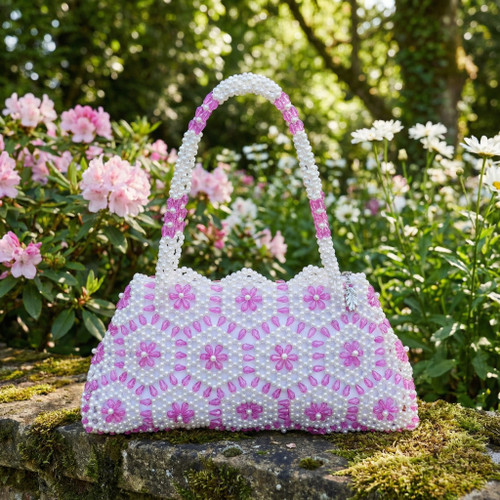 Hand Crafted White & Pink Curved Hex Flowers Large Hand Bag