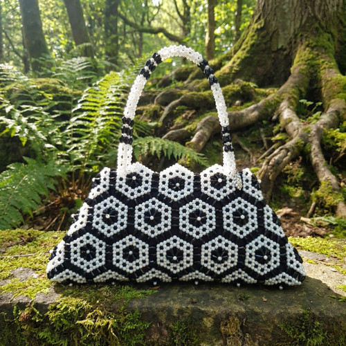 Hand Crafted Black & White Hex-Flowers Large Hand Bag