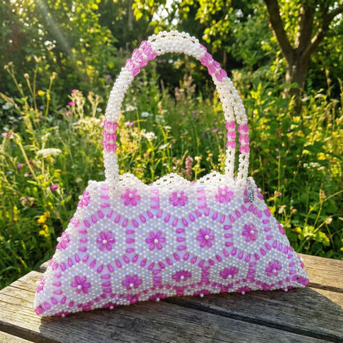 Hand Crafted White & Pink  Straight Hex Flowers Large Hand Bag