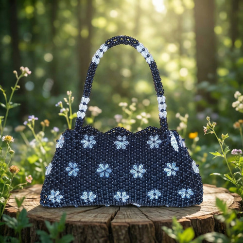 Hand Crafted Black & Clear Flowers Medium Hand Bag