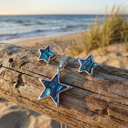 Tide Jewellery inlaid blue Paua shell Star pendant and earring set
