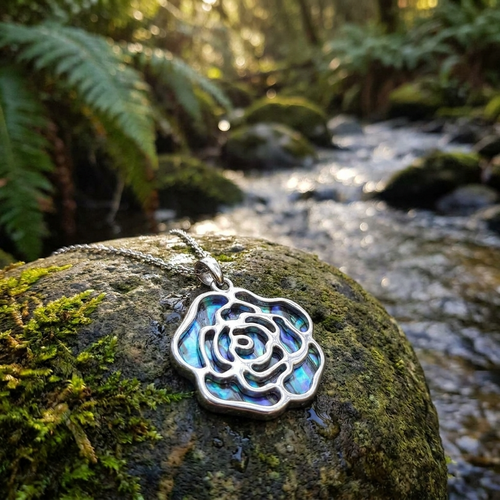 Tide Jewellery inlaid Paua shell rose pendant