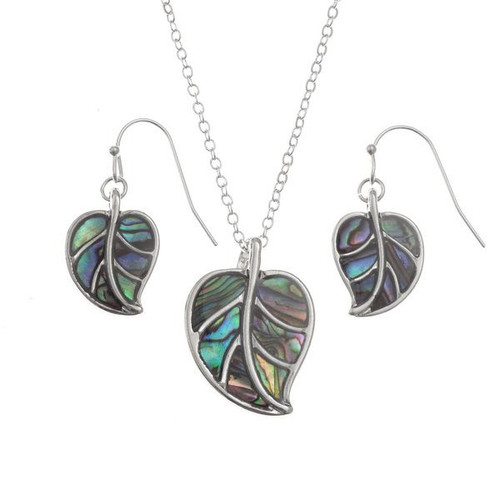 Tide Jewellery inlaid Paua shell leaf pendant and earring set