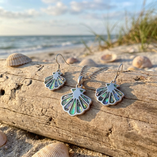 Tide Jewellery inlaid Paua shell scallop shell pendant and earring set