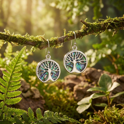 Tide Jewellery inlaid Paua shell tree of life hook earrings