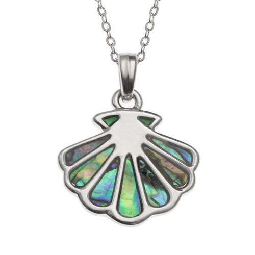 Tide Jewellery inlaid Paua shell scallop shell pendant on 18" trace chain