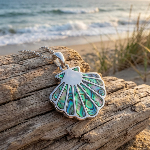 Tide Jewellery inlaid Paua shell scallop shell pendant on 18" trace chain