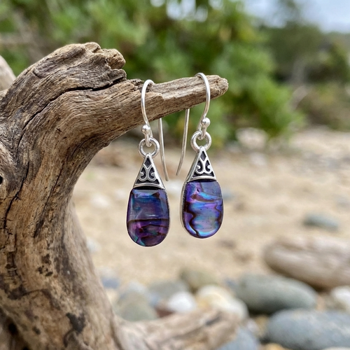 Tide Jewellery inlaid purple Paua shell Pear drop earrings
