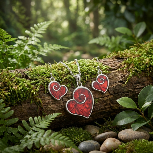 Tide Jewellery inlaid red Paua shell heart swirl pendant and earring set