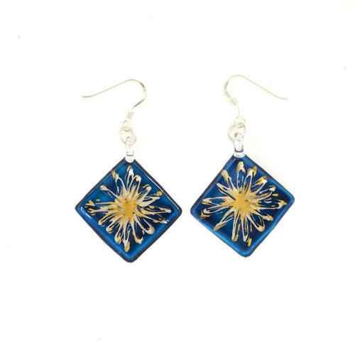 Hand Painted Blue Glass Diamond Gold Splash Earrings