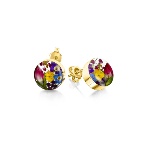 23K Gold Plated Sterling Silver Round Stud Earrings - Real Flower