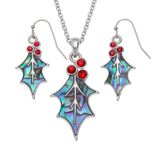 Tide Jewellery inlaid blue Paua shell  Redstone Holly leaf  pendant and earring set