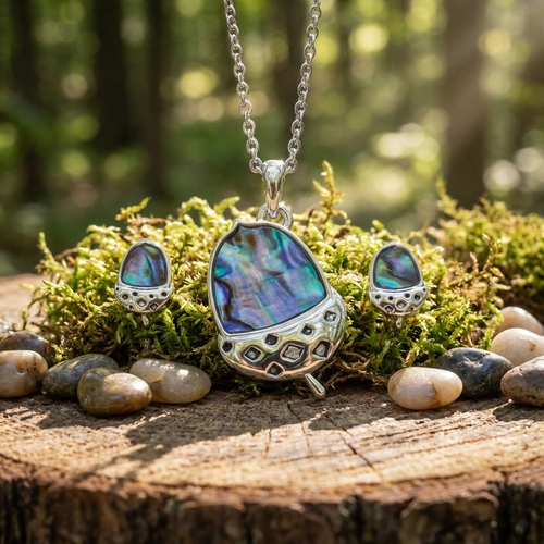 Tide Jewellery inlaid blue Paua shell  Acorn  pendant and earring set