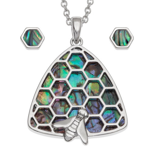 Tide Jewellery inlaid Paua shell beehive honeycomb pendant and earring set