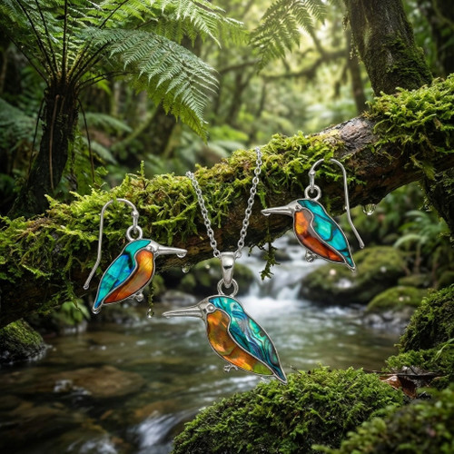 Tide Jewellery inlaid Paua shell Kingfisher pendant and earring set