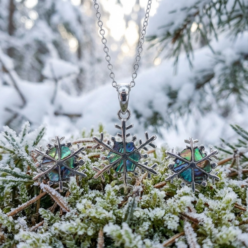 Tide Jewellery inlaid Paua shell snowflake pendant and earring set