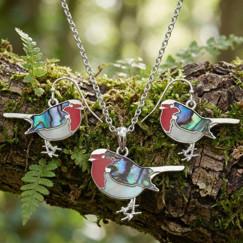 Tide Jewellery inlaid Paua shell robin pendant and earring set