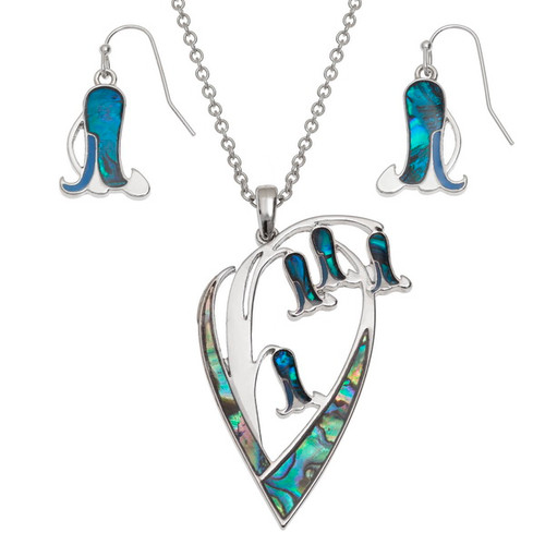 Tide Jewellery inlaid blue Paua shell Bluebell flower pendant and earring set