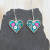 Stainless Steel Framed Heart Shaped Ceramic Earrings - Flowers on Turqoise