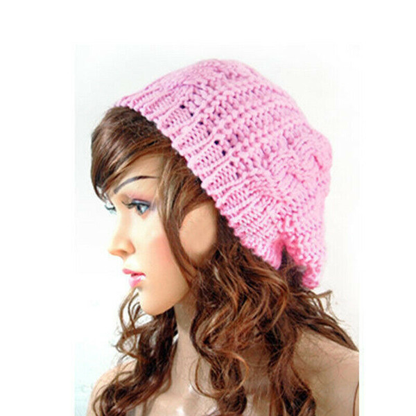 Rose pink  Women Fashion Warm Winter Beret Braided Crochet Knitting Baggy Beanie Hat