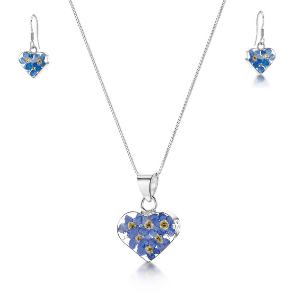925 Silver Pendant & Earrings Set - Real Flower -  Small Heart