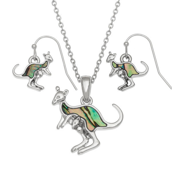 Tide Jewellery inlaid Paua shell Kangaroo with joey pendant and earring set