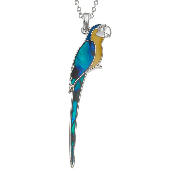 Tide Jewellery inlaid yellow Paua shell perched Macaw pendant