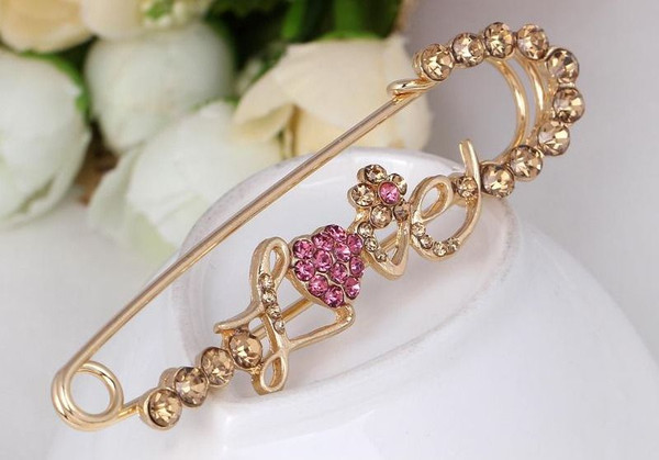 Love Korean Pins with Crystal rhinestone Brooch