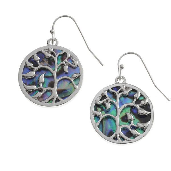 Tide Jewellery inlaid Paua shell tree of life round hook earrings